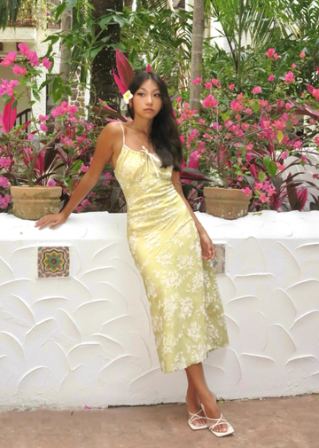 Cute Yellow A Line Spaghetti Strap Print Floral Satin Prom Dress Wedding Guest Dress HZ1023